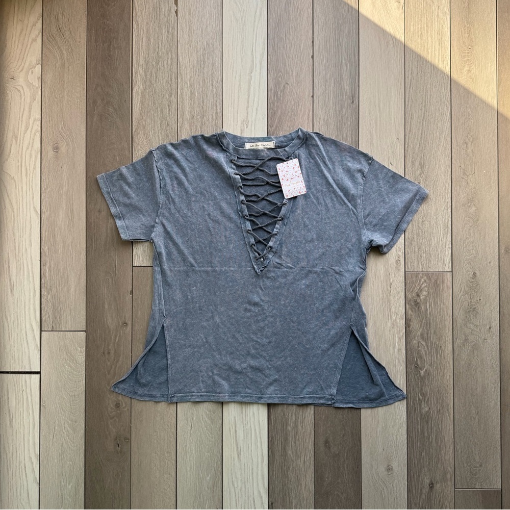 Free People We The Free Blue Azalea Lace Up Front Raw Edge Tee